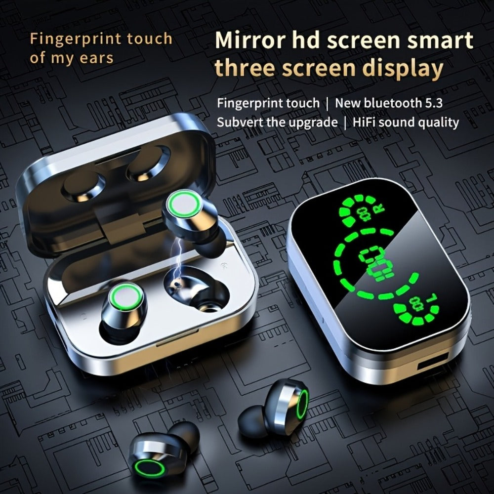 True Wireless Earbuds Bluetooth 5.4 Sport Design with 800mAh Mirror-Display Case and Passive Noise Isolation