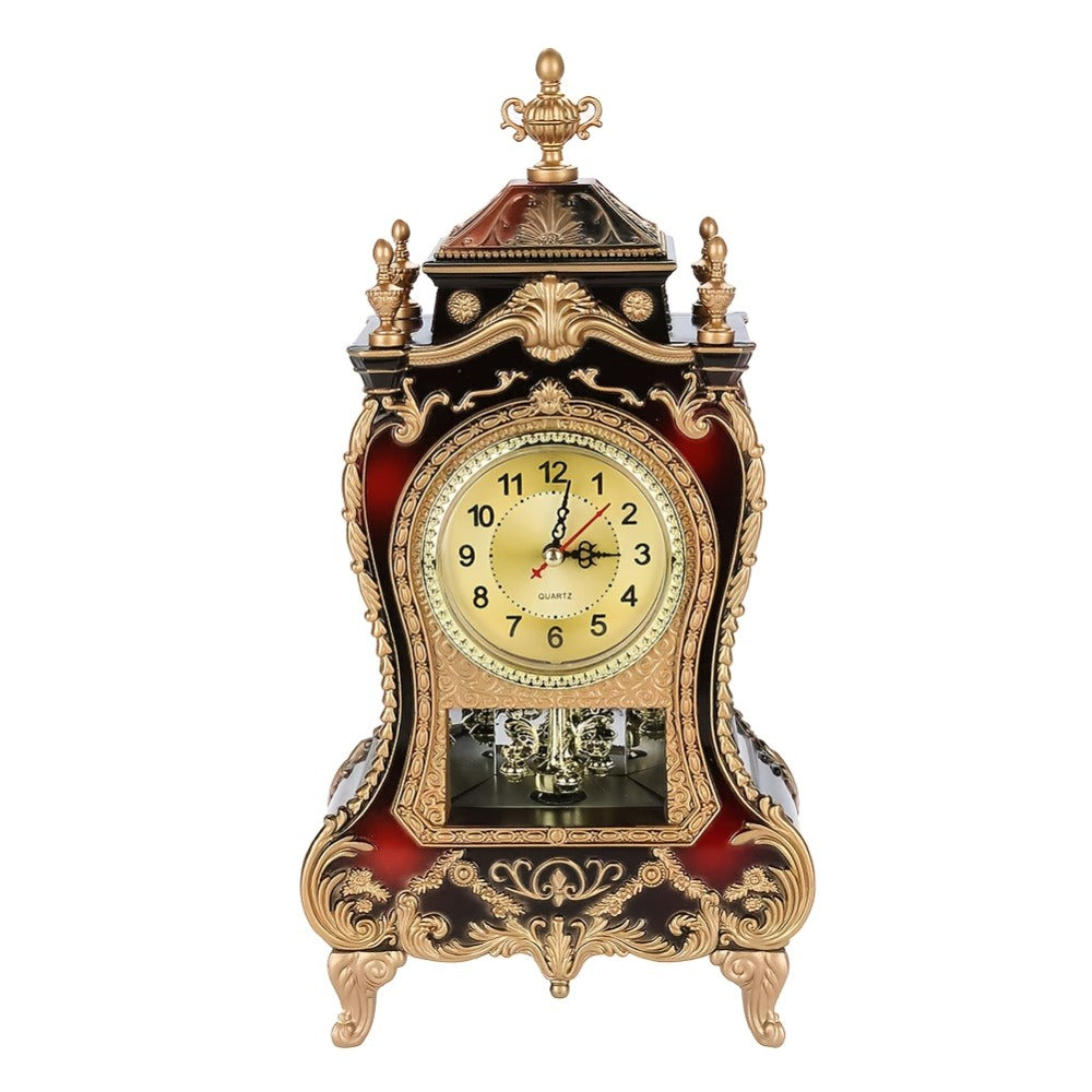 Ornate Brown-Red Tabletop Alarm Clock with Analog Dial, Decorative Pendulum Window and 14-Inch Height