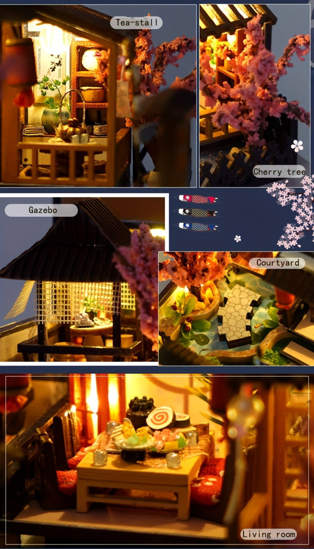 DIY Miniature Dollhouse Kit Sakura Garden Japanese Style, Wooden Tiny House with Tatami Flooring & Furniture