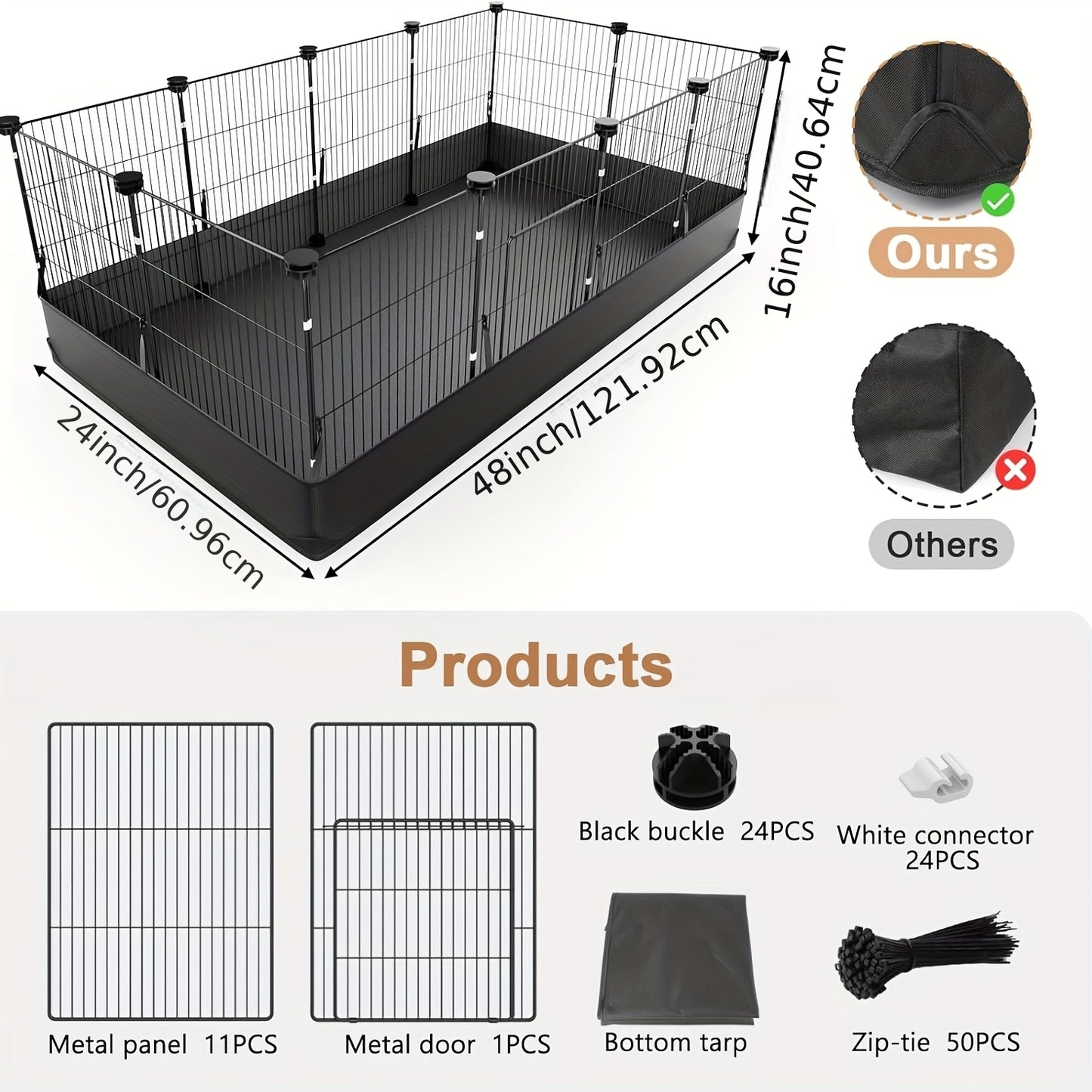Small Animal Playpen & Guinea Pig Cage – 48'' C&C Cage with PVC Bottom Liner, One-Hand Release Hook & Triple Fixing