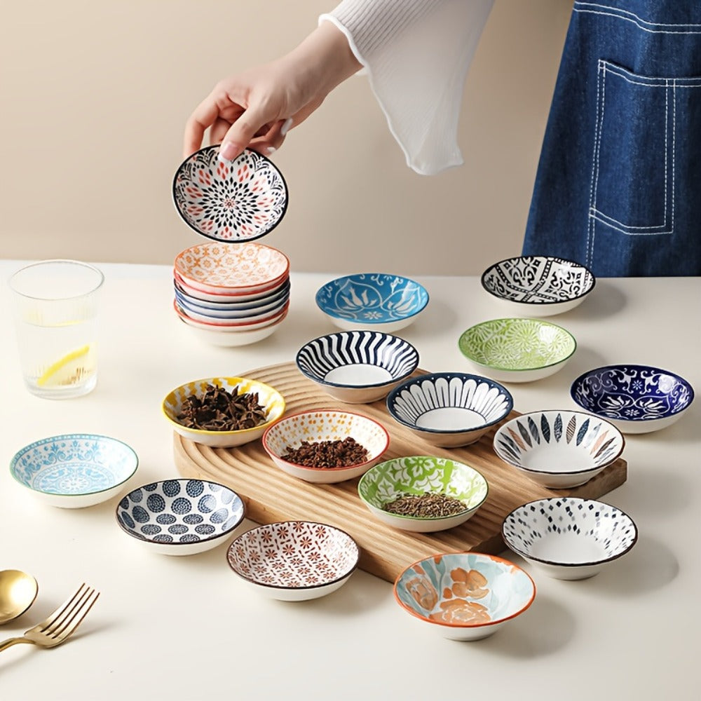 Dipping Sauce Dish Set 10/12 Piece Bohemian Ceramic for Home Cooking, Dining and Outdoor Meals