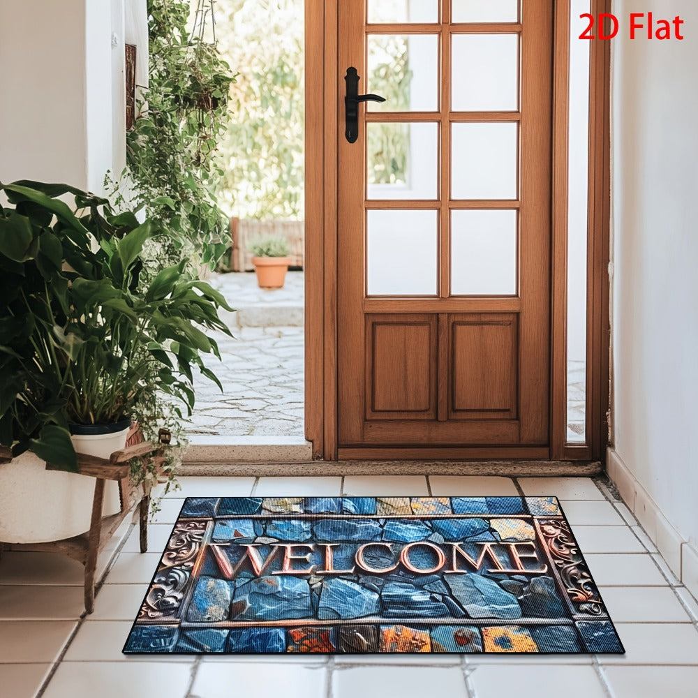 Blue Mosaic Stone Welcome Doormat in 40 x 60 or 50 x 80cm Rectangular Size Options Pictured