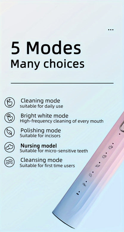 Sonic Electric Toothbrush IPX8 Waterproof USB Rechargeable with 5 Replacement Brush Heads, Smart Timer, Metal Shaft