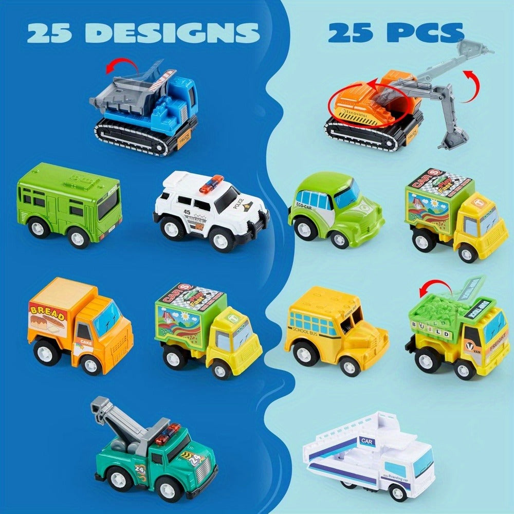 25PCS Pull Back Cars & Trucks Toy Vehicle Set for Kids, Fire Truck, Police Car, School Bus & More