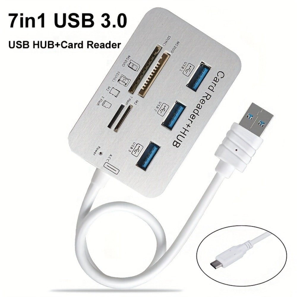 7-in-1 USB C Hub with SD TF MS M2 Memory Card Reader Adapter, 3 & 4 Port USB 3.0 Extender for PC