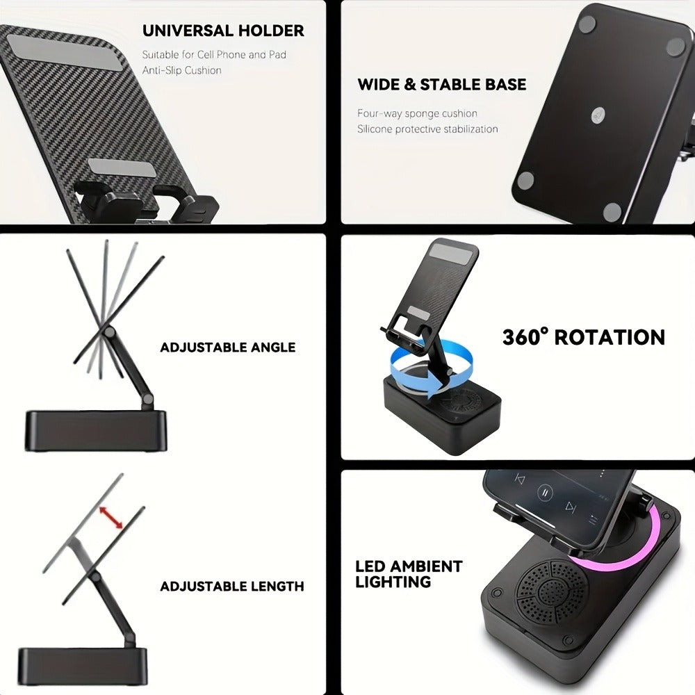 Bluetooth Speaker Phone Holder 5-in-1, 360° Adjustable Tablet Stand with HD Surround Sound