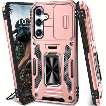 Samsung Galaxy Shockproof Magnetic Phone Case with 360° Rotating Ring Bracket & Sliding Lens Protector – Heavy Duty Cover for S24FE S23FE