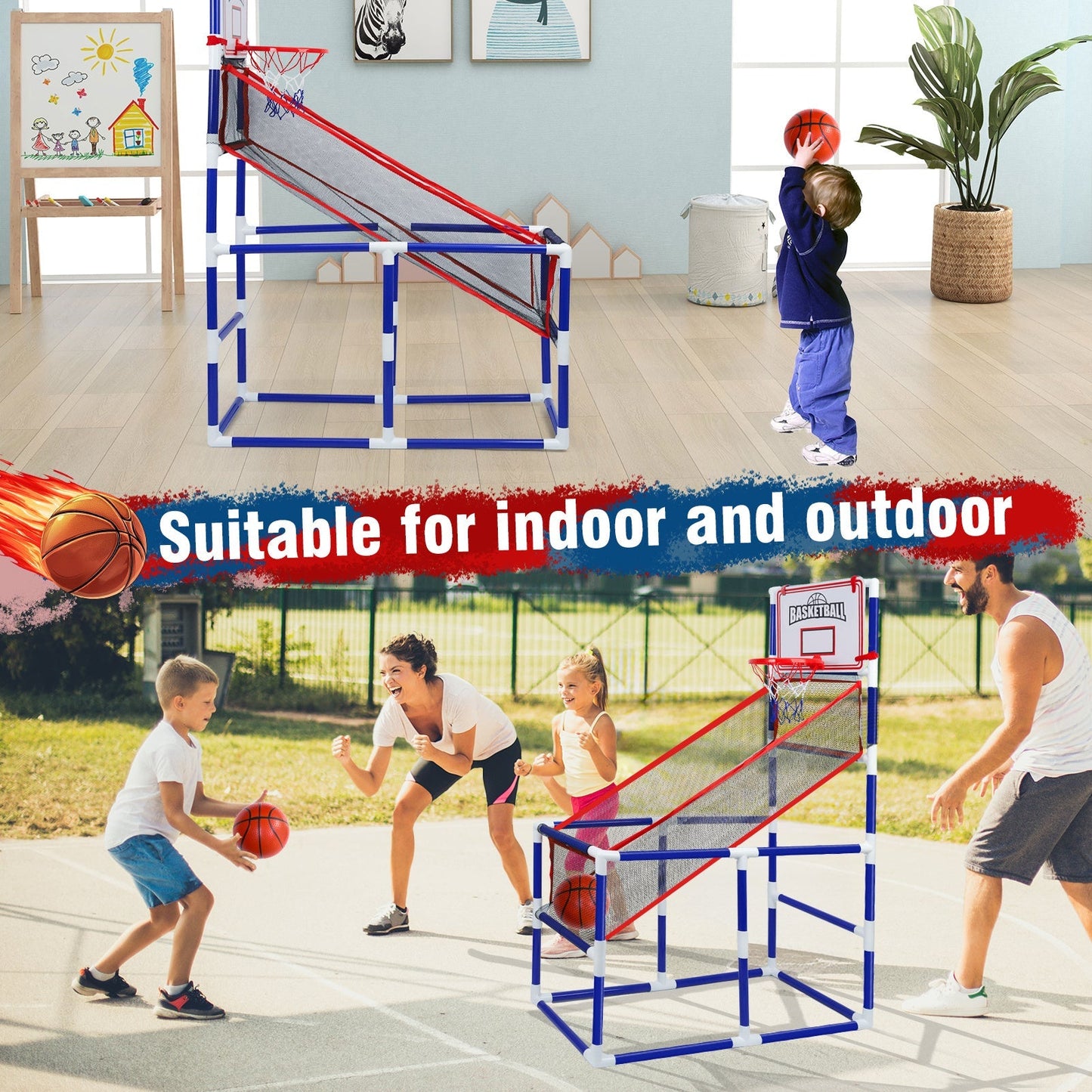 Kids Adjustable Basketball Hoop Set with 2 Balls & Storage – Indoor Outdoor Sport Toy for Ages 3–6, Thick PVC Frame | Best Birthday