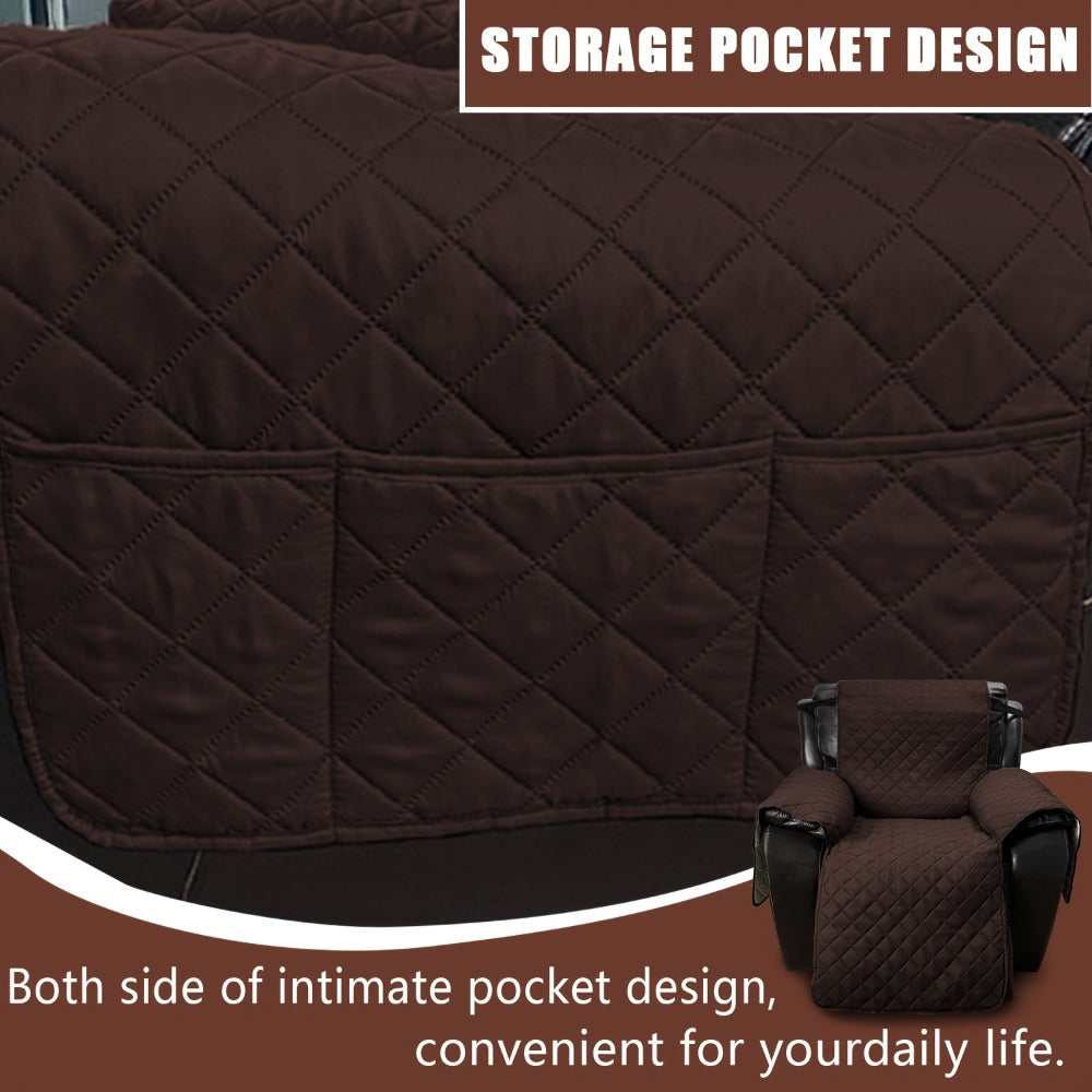 One-Piece Quilted Recliner Chair Cover with Wide Arm Wings, Back Strap and Eight Color Options