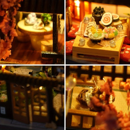 DIY Miniature House Kit, Sakura Garden Villa Wooden Dollhouse with Full Furniture & Accessories, Japanese Cherry Blossom Style
