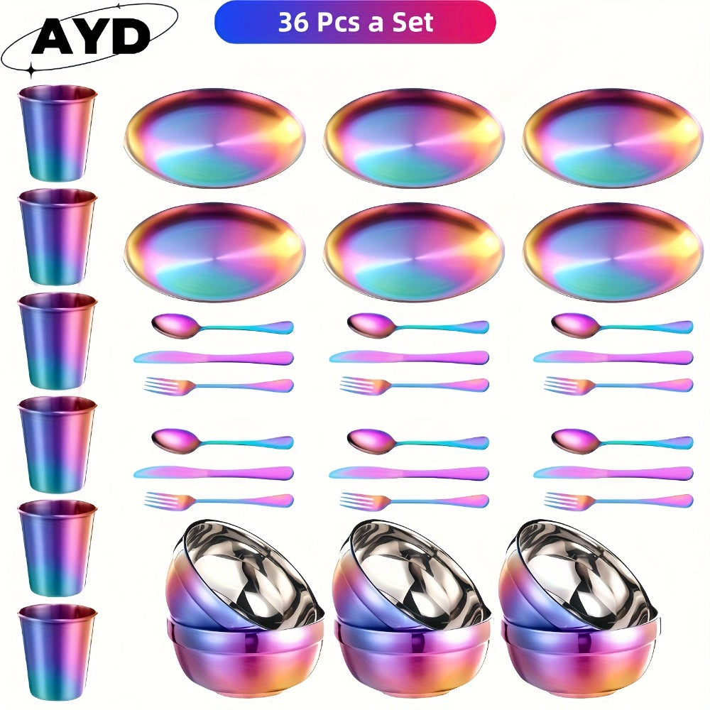 Camping Tableware Set Stainless Steel Rainbow Plates Bowls Cups with Forks Spoons Knives Outdoor for Camping, Travel and Outdoor Use