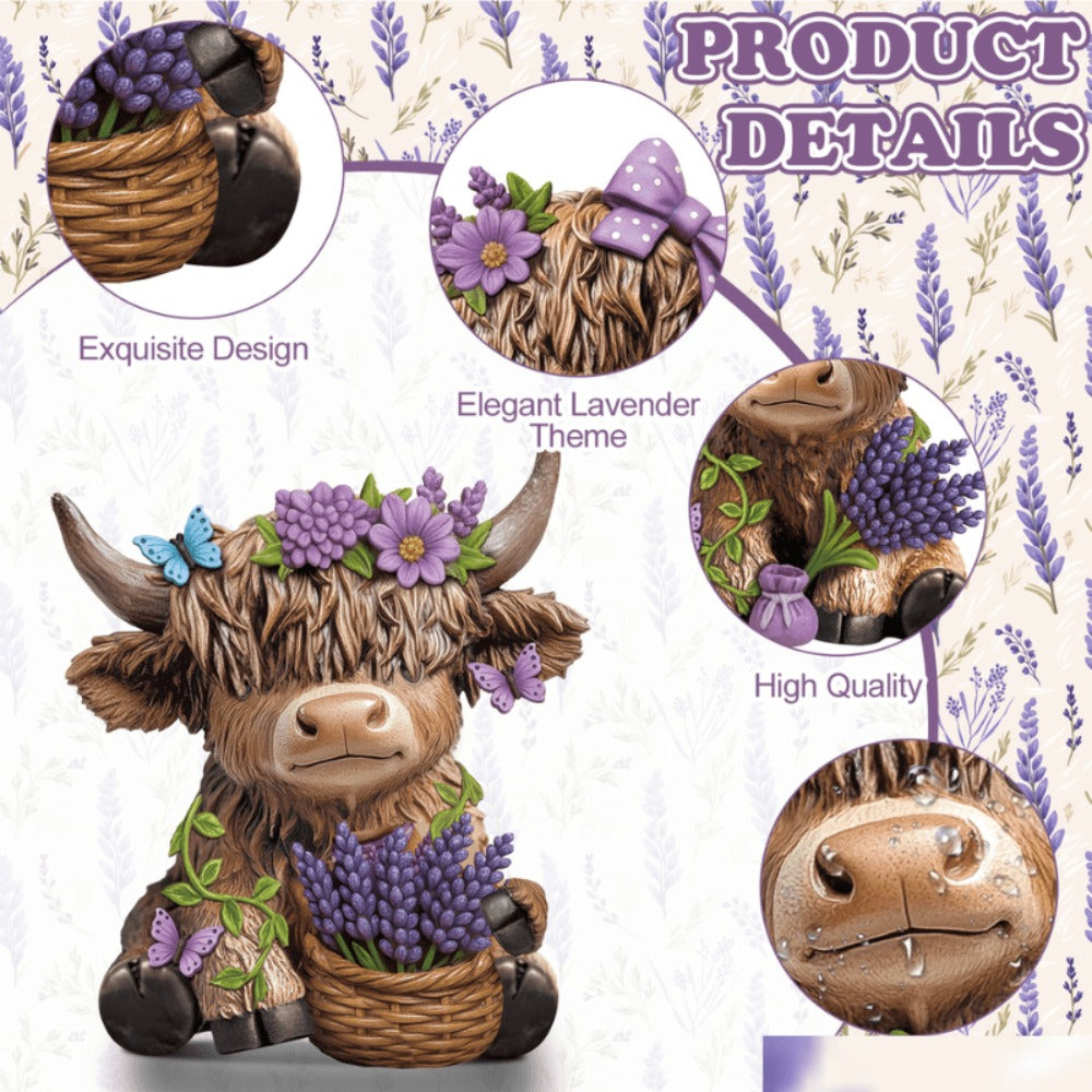 Scottish Highland Cow Figurines with Lavender - Resin Calf Statue Set of 2 for Home Garden Office Decor