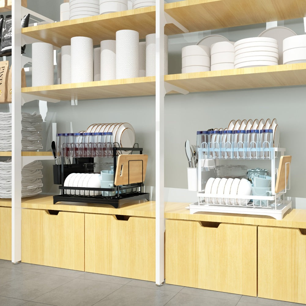 2-Layer Dish Drying Rack Kitchen Countertop Organizer – Dish Drain Rack with Knife Holder, Cup Rack & Cutlery Holder for Bowls