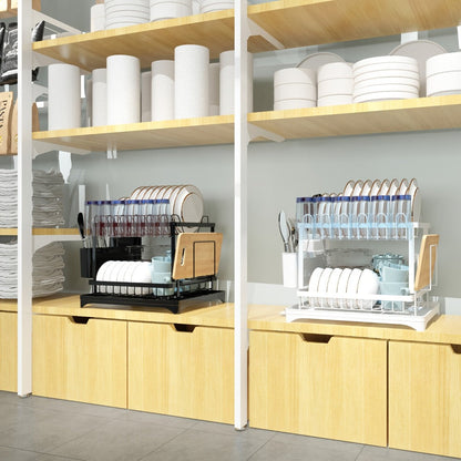 2-Layer Dish Drying Rack Kitchen Countertop Organizer – Dish Drain Rack with Knife Holder, Cup Rack & Cutlery Holder for Bowls