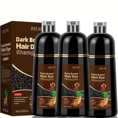 Hair Dye Shampoo, RILSIC Three-Pack of 500ml Bottles in Black, Brown, Dark Brown or Chestnut Brown