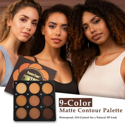 Matte Contour Palette 9 Colors Face Contouring Bronzer Kit Deep Brown Tones Buildable Blendable Multi-Use Professional Sculpting Makeup