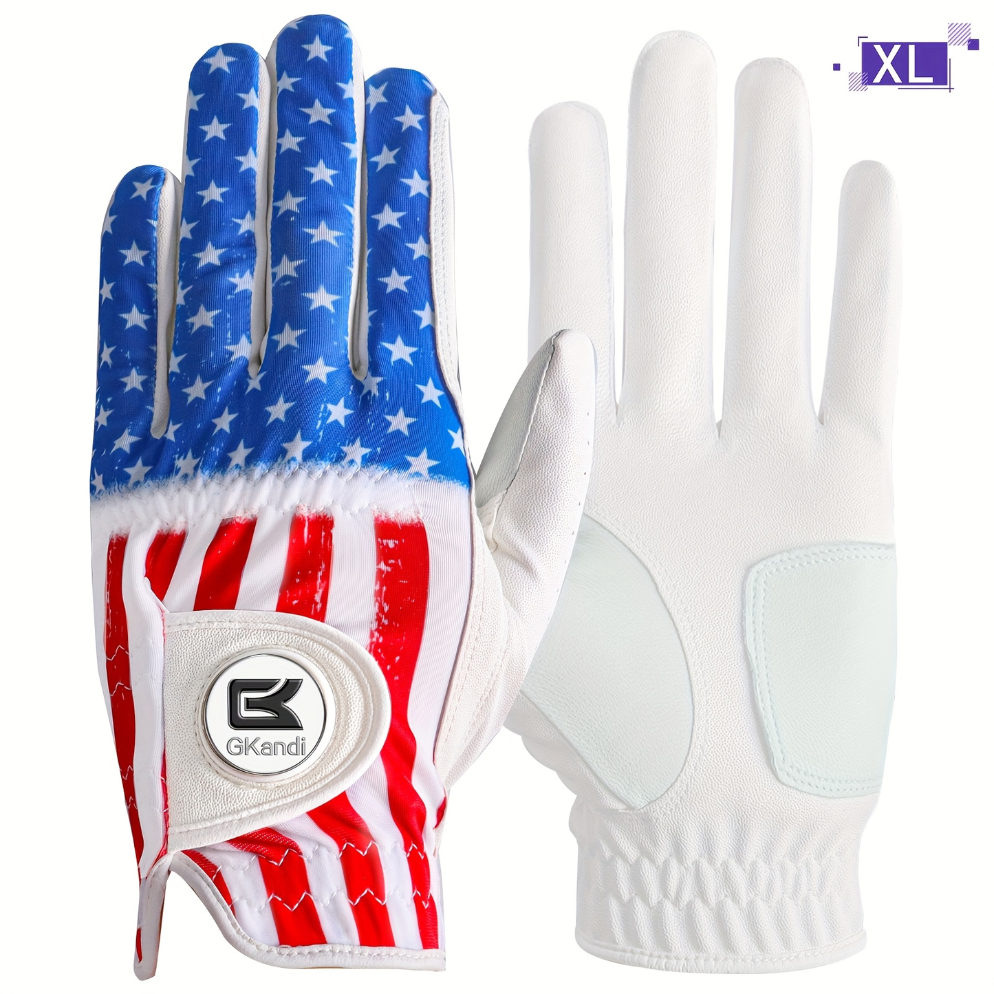 Men's Golf Glove Left Hand with Ball Marker – Breathable All Weather Grip, Hook & Loop Closure, Sizes S M ML L XL, USA Flag, Blue & White