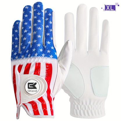 Men's Golf Glove Left Hand with Ball Marker – Breathable All Weather Grip, Hook & Loop Closure, Sizes S M ML L XL, USA Flag, Blue & White