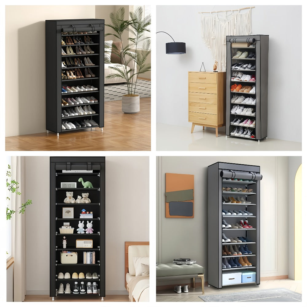 Shoe Rack with Dust Cover, 6/8/10 Tier High- Space Saving Shoe Organizer, Easy Assembly, 12mm Pipe