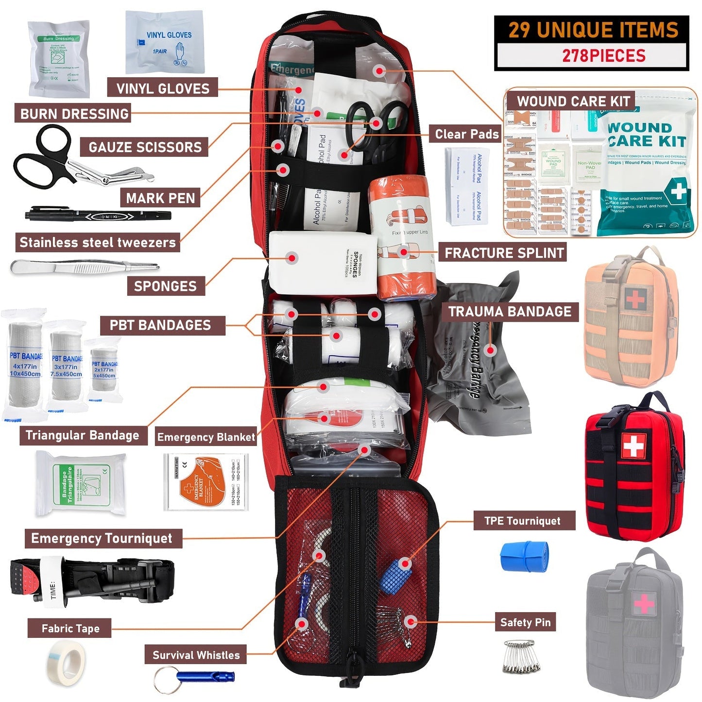 278-Piece First Aid Supply Kit in Roll-Out Tactical Bag with Black, Orange or Red Case Options