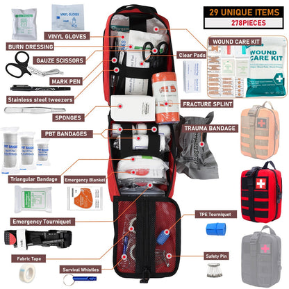278-Piece First Aid Supply Kit in Roll-Out Tactical Bag with Black, Orange or Red Case Options