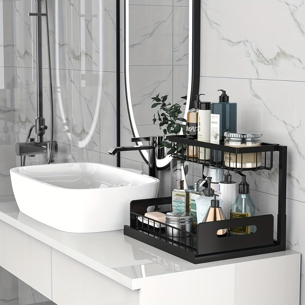 Under Sink Storage Organizer 2-Tier Sliding Metal Shelf in 1-Pack or 2-Pack, Black, White or Gray