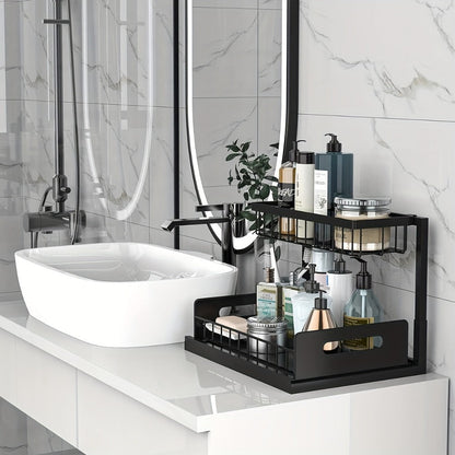 Under Sink Storage Organizer 2-Tier Sliding Metal Shelf in 1-Pack or 2-Pack, Black, White or Gray