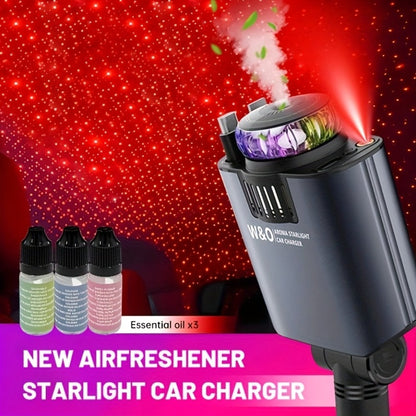 Car Charger with 80 cm Retractable Cable, Aroma Diffuser and Red Star Projector in a Black Plug-In Design