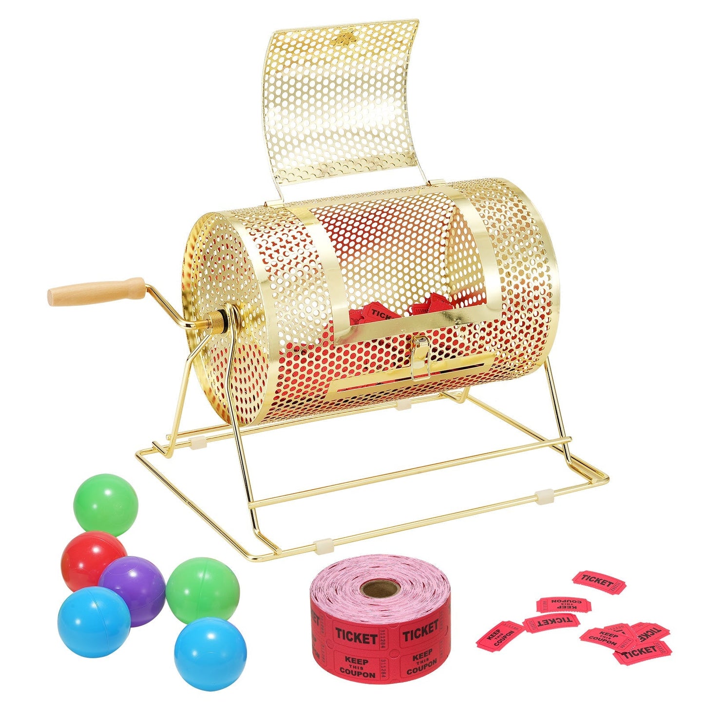 Raffle Drum Spinning Cage 12 Inch – Brass Plated Metal Lottery Ticket Drum with Wooden Handle, Holds 2500 Tickets or 100 Ping Pong Balls