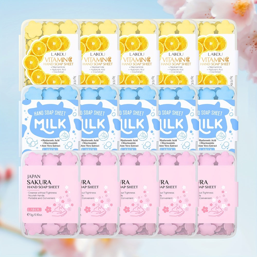 Travel Soap Paper Sheets 15 Boxes – Disposable Foaming Hand Wash with Milk, Vitamin C & Sakura Scents, TSA-Safe Portable Soap Sheets