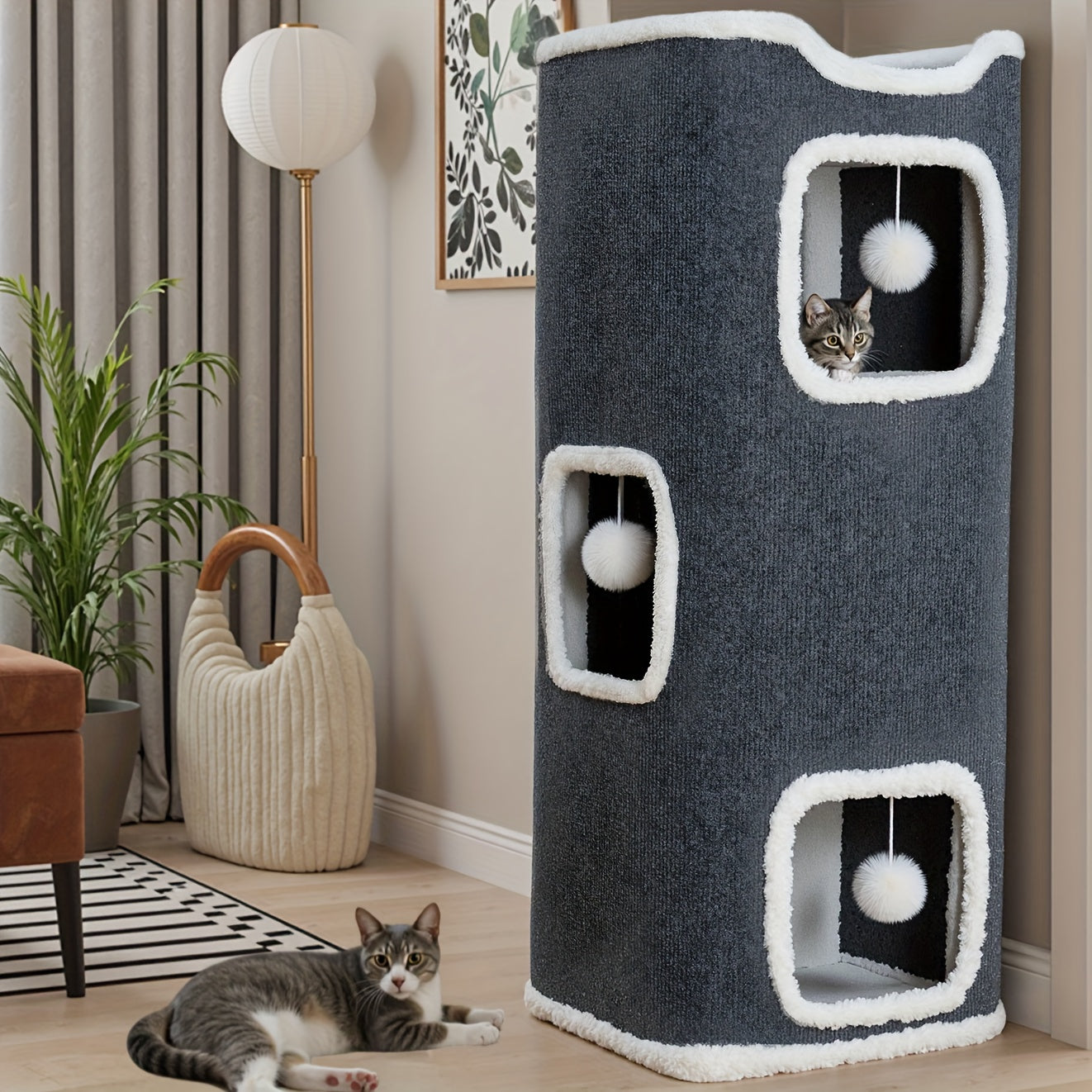 Cat Tree Tower Multi-Level Foldable Cat Condo for Indoor Cats – Scratch-Resistant Carpet, Hanging Bell Ball, Cozy Top Bed