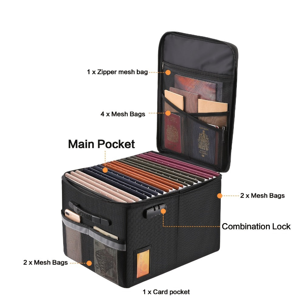 Fireproof File Box with Combination Lock - Collapsible Fireproof Document Organizer Filing for Entryways, Bedrooms and Living Spaces