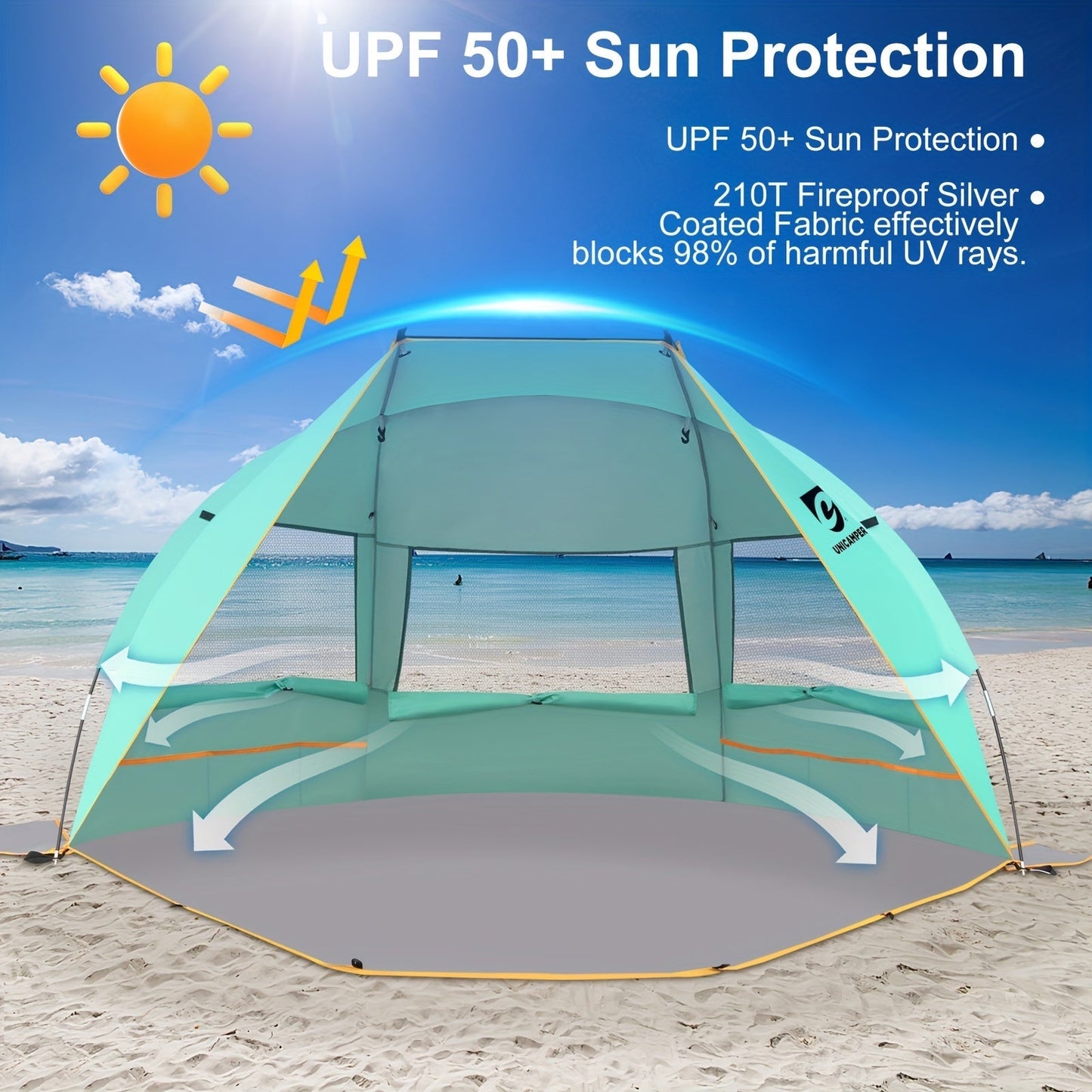 Three-Window Beach Sun Shelter with Extended Floor, 12 Stakes and Green or Blue Options Pictured