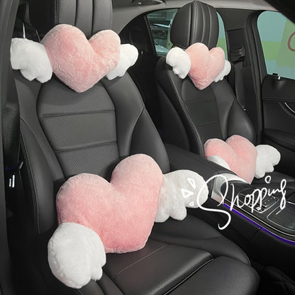 Car Headrest Neck Pillow Heart Shape with Angel Wings – Cute Plush Lumbar Cushion & Seat Back Pillow, Car Interior Decor Accessory