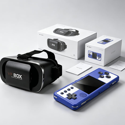 VR Headset & Retro Handheld Game Console Set, Mini 3D HD Virtual Reality Glasses with Portable Game Console