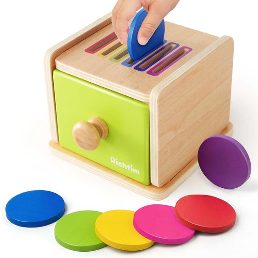 Wooden Color Sorting Toy with Drawers for Toddlers Ages 12M-3 Years, Montessori Object Permanence Box Fine Motor Skills