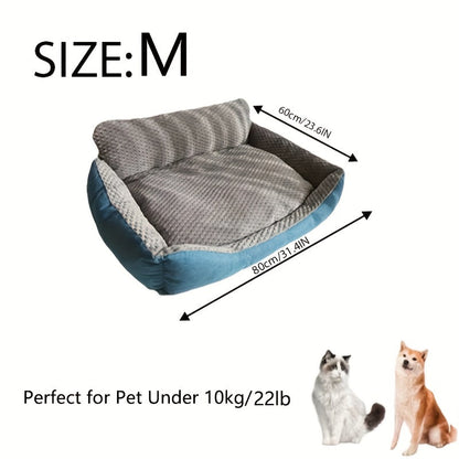 Blue-Gray Dog Bed Couch with Raised Back and Side Bolsters in Four Sizes, Plus One Random Cat Teaser