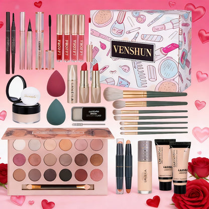 Full Face Makeup Gift Set for Women, Foundation, 18-Color Eyeshadow Palette, Coral Lipstick & Eyebrow Pencil