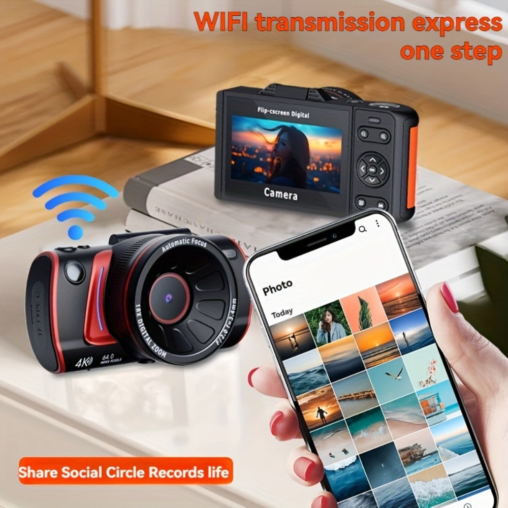 Digital Camera with Flip Screen, 4K Vlogging Model with 48MP Capture Marking, WiFi, 3-Inch 180° Flip Screen, 16X Digital Zoom and 32GB Card