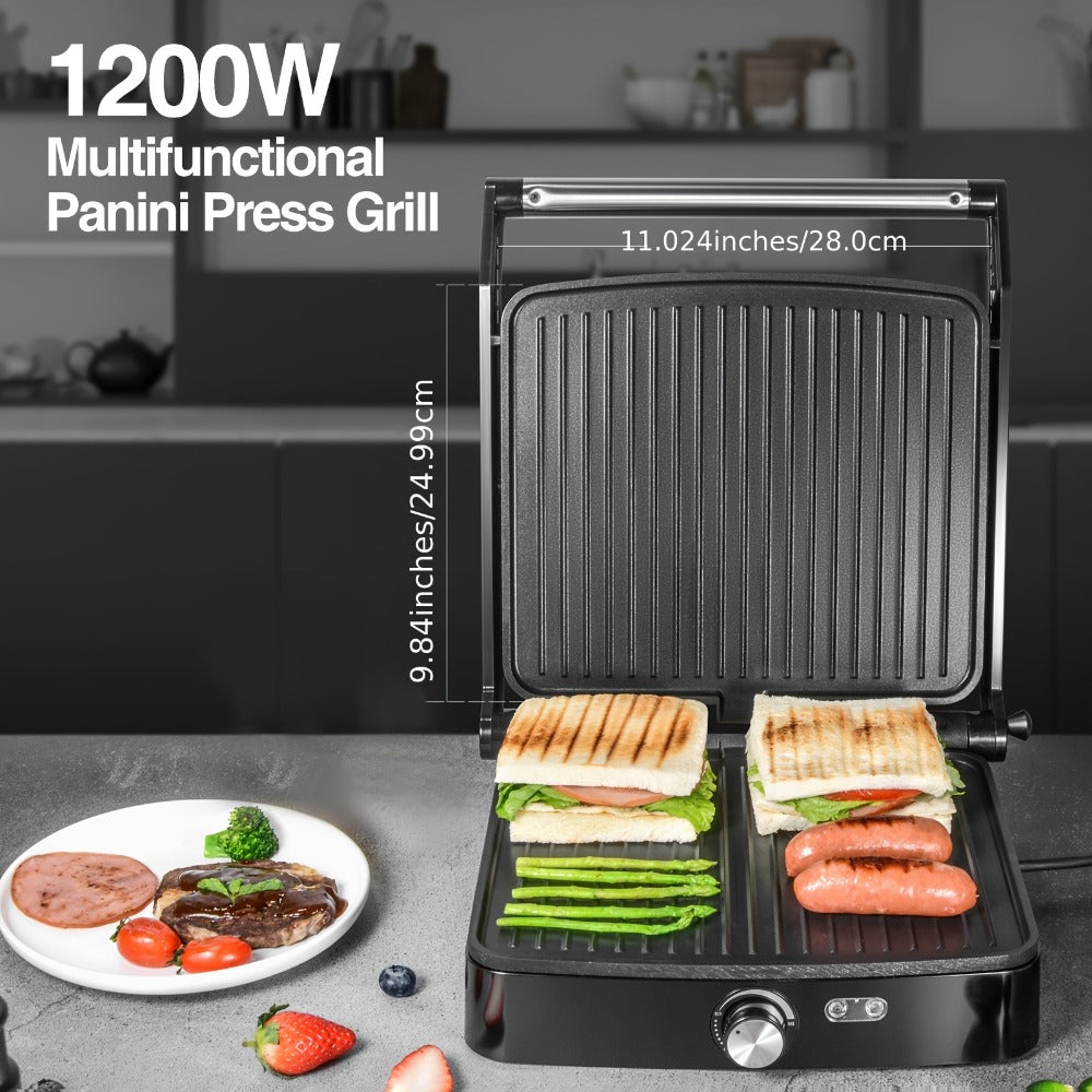 Panini Press Sandwich Maker 1200W, 4-Slice Non-Stick Grill with 180° Opening Adjustable Temperature 120-428°F & Removable Drip Tray