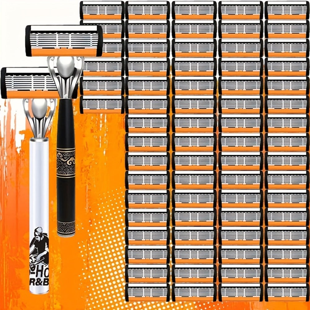 6-Layer Blade Men's Razor Set with Lubricating Strip 2 Handles & 36 or 72 Replacement Blades – Smooth Close Shave Contour-Fitting Ergonomic