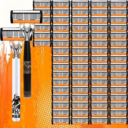 6-Layer Blade Men's Razor Set with Lubricating Strip 2 Handles & 36 or 72 Replacement Blades – Smooth Close Shave Contour-Fitting Ergonomic