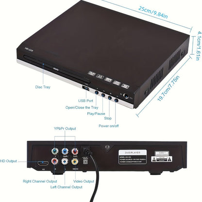 Black Karaoke DVD Player with Dual Microphone Inputs, USB Port, AV and HD Outputs, Remote Control and RCA Cable