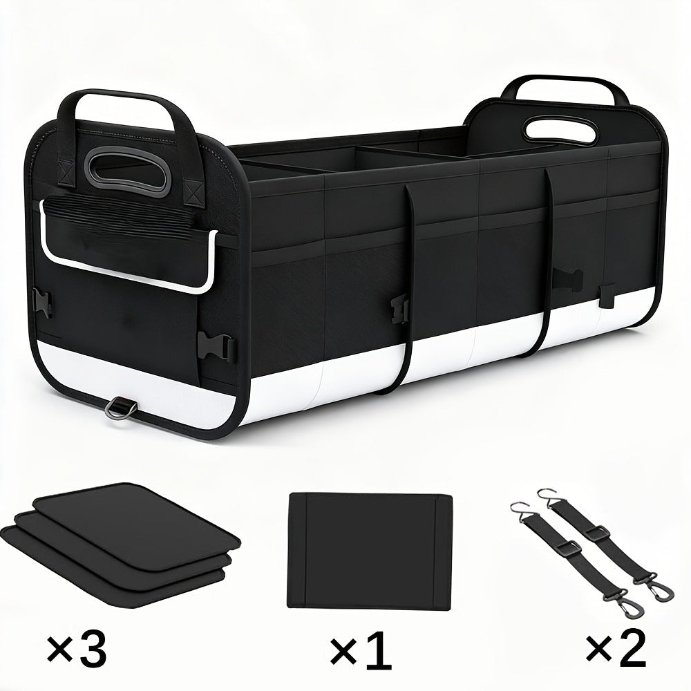 Car Trunk Organizer, 95L Foldable 4-Compartment Bin with Two Retractable Straps and Divider Set