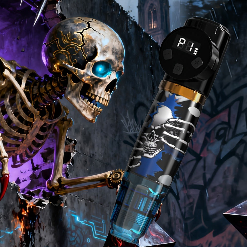 Cordless Tattoo Kit with 1100mAh Skeleton Rotary Pen, 10 Cartridge Needles, 7 Inks and Two Colors