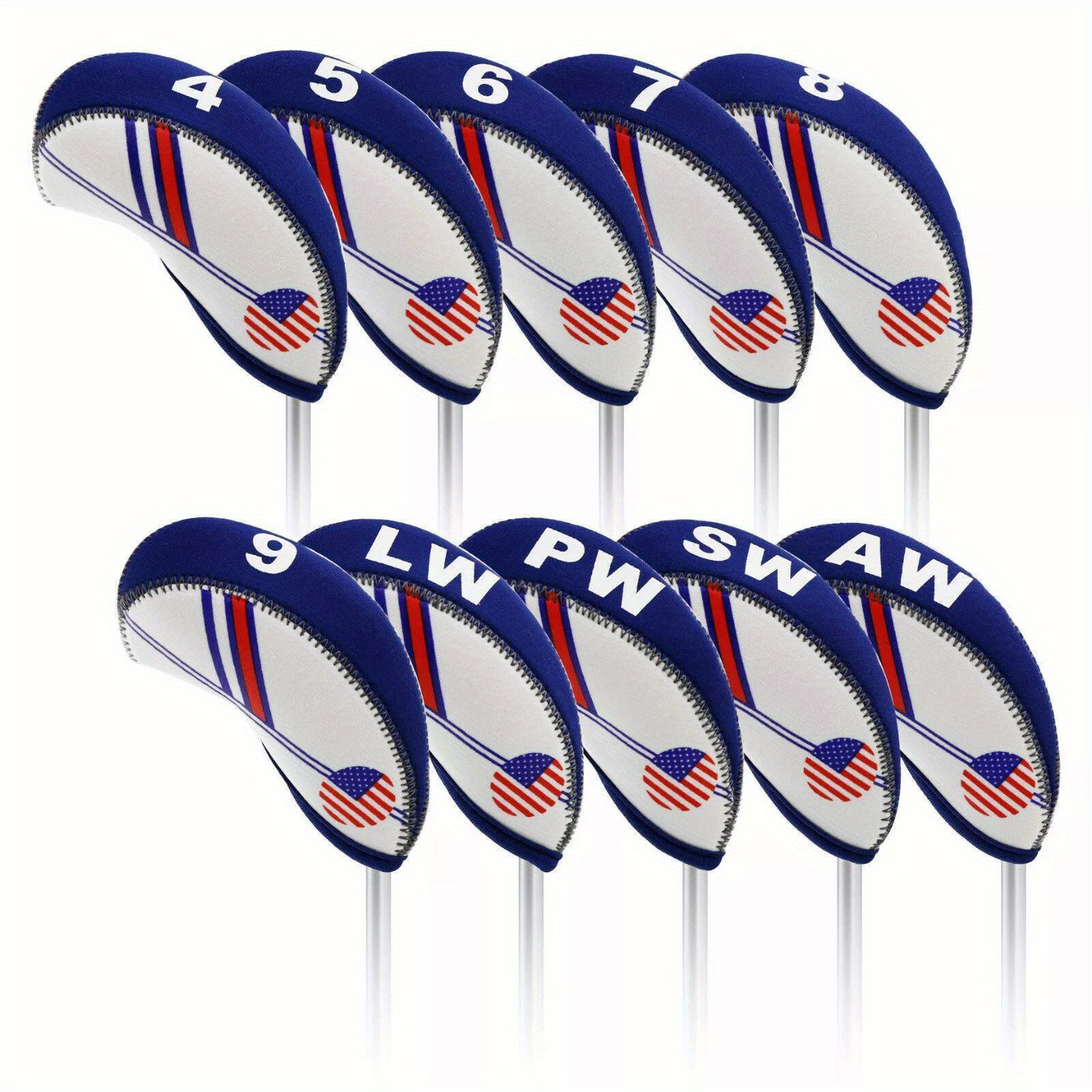 Golf Iron Club Covers USA Flag Neoprene Zipper Head Covers Machine Washable Fits Standard Irons Blue White Patriotic Design for Men Women