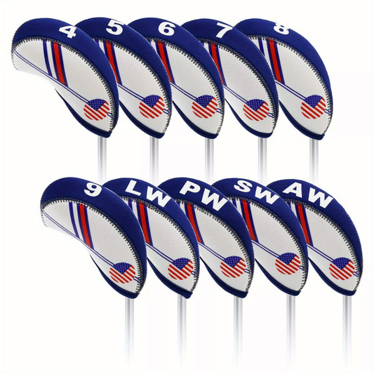 Golf Iron Club Covers USA Flag Neoprene Zipper Head Covers Machine Washable Fits Standard Irons Blue White Patriotic Design for Men Women