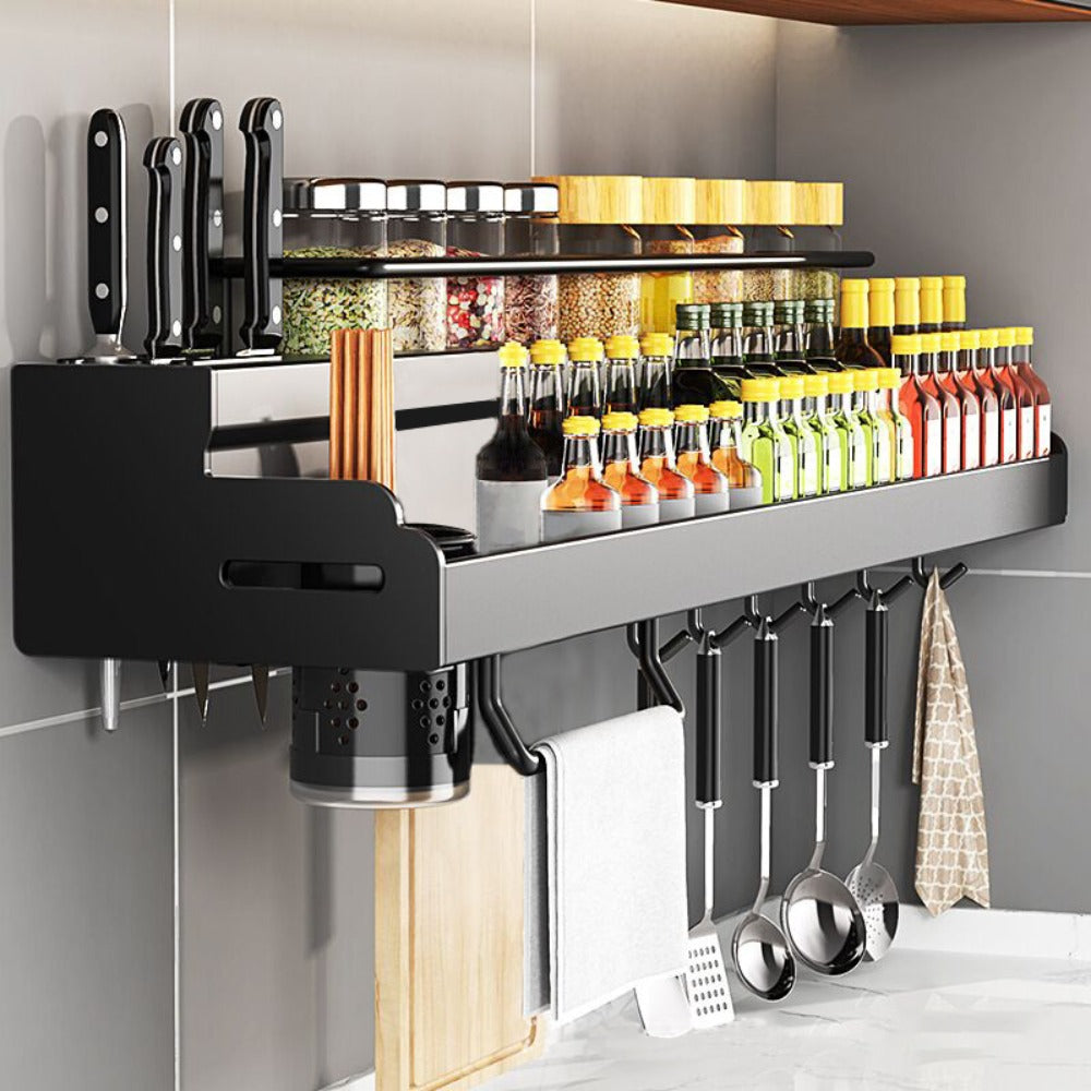 Wall-Mounted Kitchen Organizer with Two Storage Tiers, Knife Slots, Chopstick Cup and Towel Bar