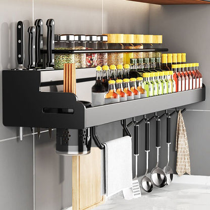 Wall-Mounted Kitchen Organizer with Two Storage Tiers, Knife Slots, Chopstick Cup and Towel Bar