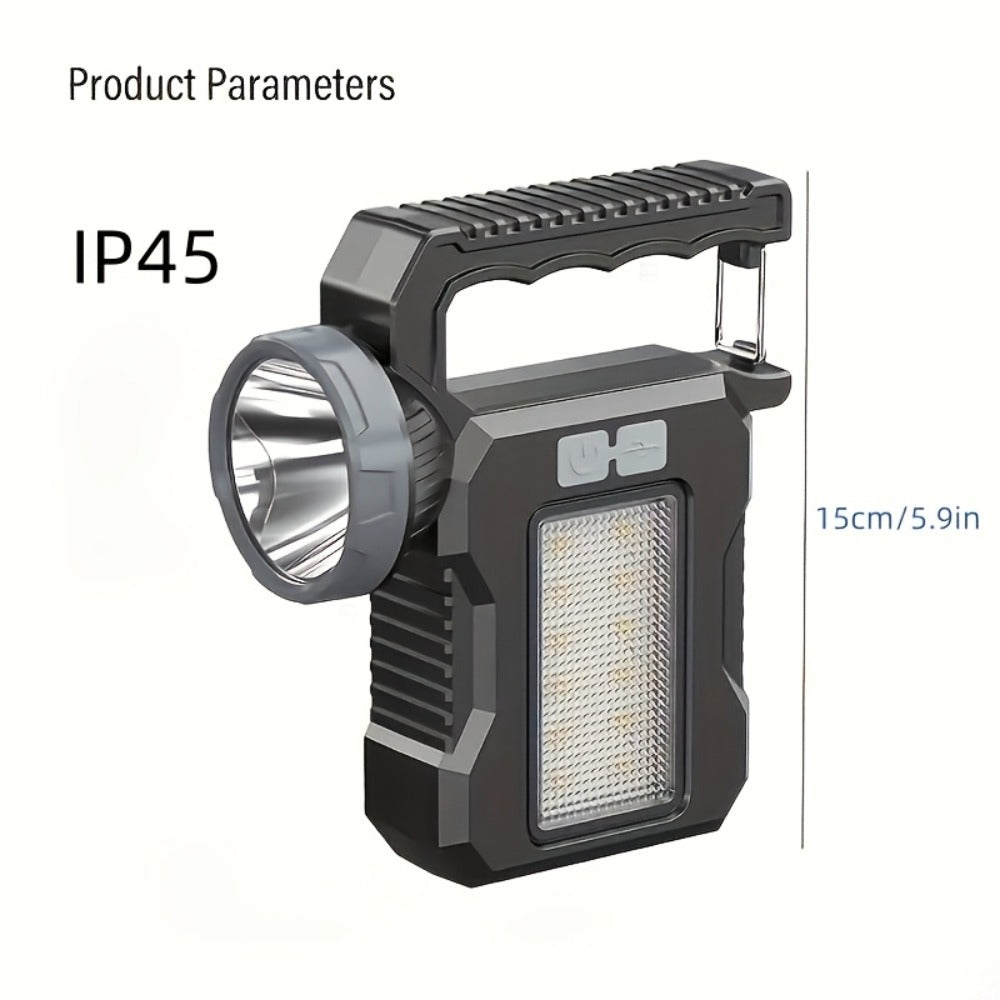 LED Searchlight Spotlight Solar & USB Rechargeable, High-Power Handheld Flashlight with Side Light Locking Clip 4 Modes